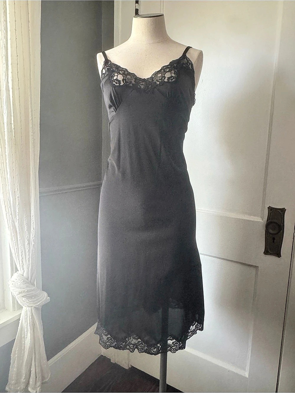 Sexy Vintage Black Lace Trim Slip Dress